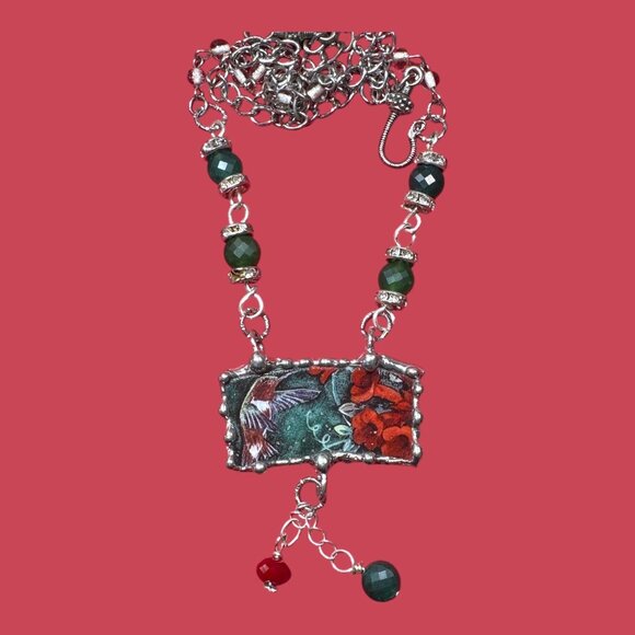 Lena Liu Hummingbird Broken China Pendant  Bezel Red & Green Quartz Necklace - Picture 9 of 15
